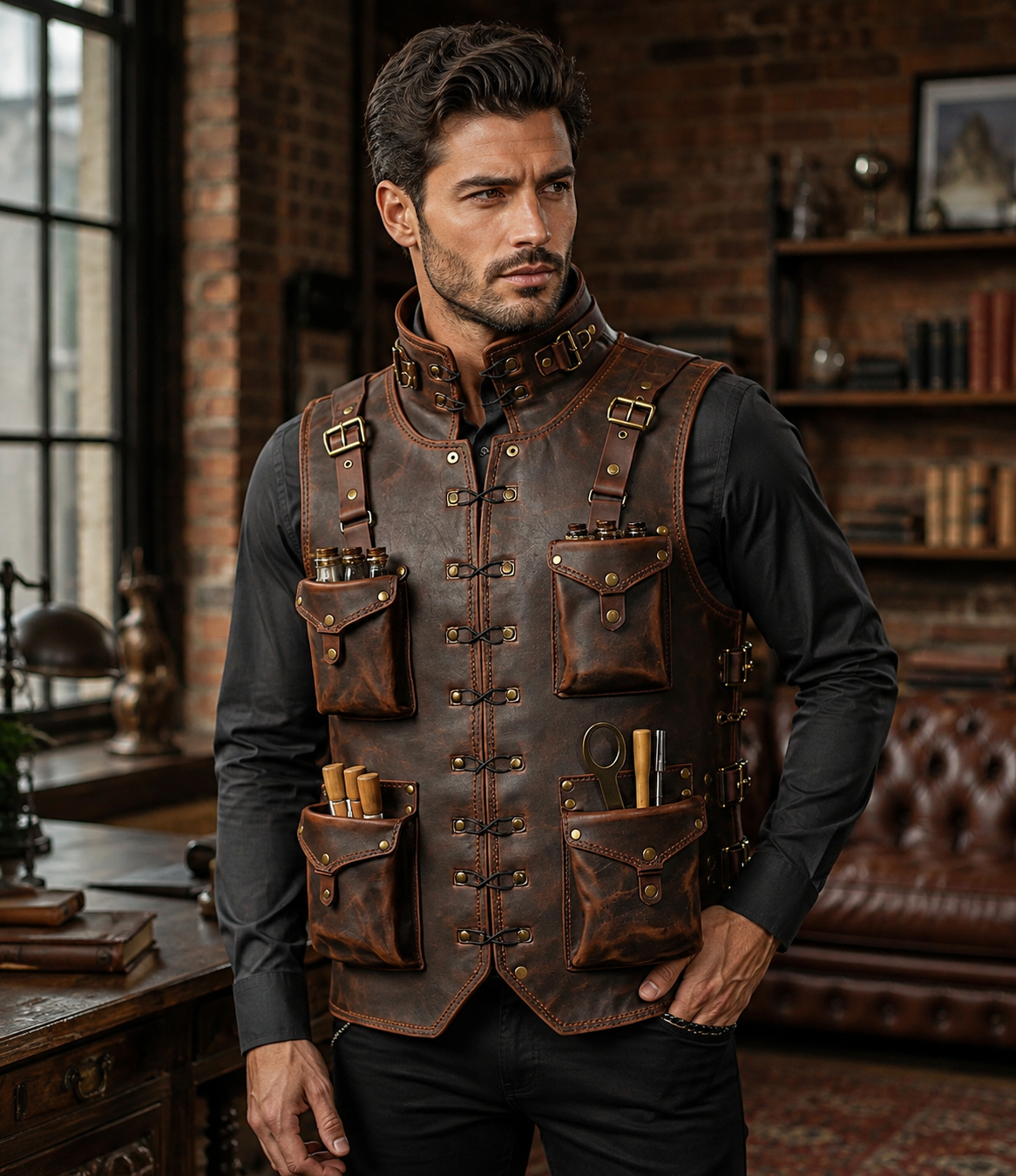 Handmade Full Grain Leather Utility Vest | Men's Work Tool Vest for Carpenter, Woodworker, Photographer, Motorcycle, Hiking, Camping & EDC Gear