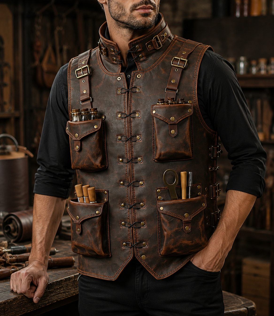 Handmade Full Grain Leather Utility Vest | Men's Work Tool Vest for Carpenter, Woodworker, Photographer, Motorcycle, Hiking, Camping & EDC Gear