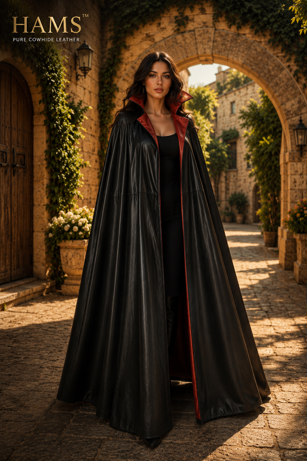Women's Genuine Cowhide Leather Gothic Cape | Handmade Full Length Leather Cloak | Vampire Cape | Renaissance Medieval Fantasy Costume