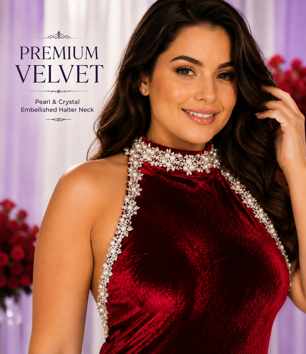 Luxury Velvet Evening Gown for Women, Deep Red Velvet Halter Neck Floor-Length Formal Dress with Pearl & Crystal Embellished Trim and High Side Slit