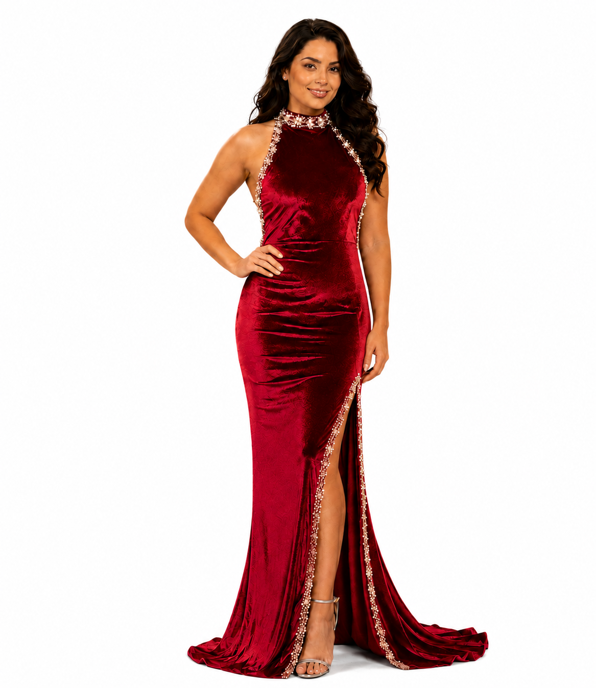 Luxury Velvet Evening Gown for Women, Deep Red Velvet Halter Neck Floor-Length Formal Dress with Pearl & Crystal Embellished Trim and High Side Slit