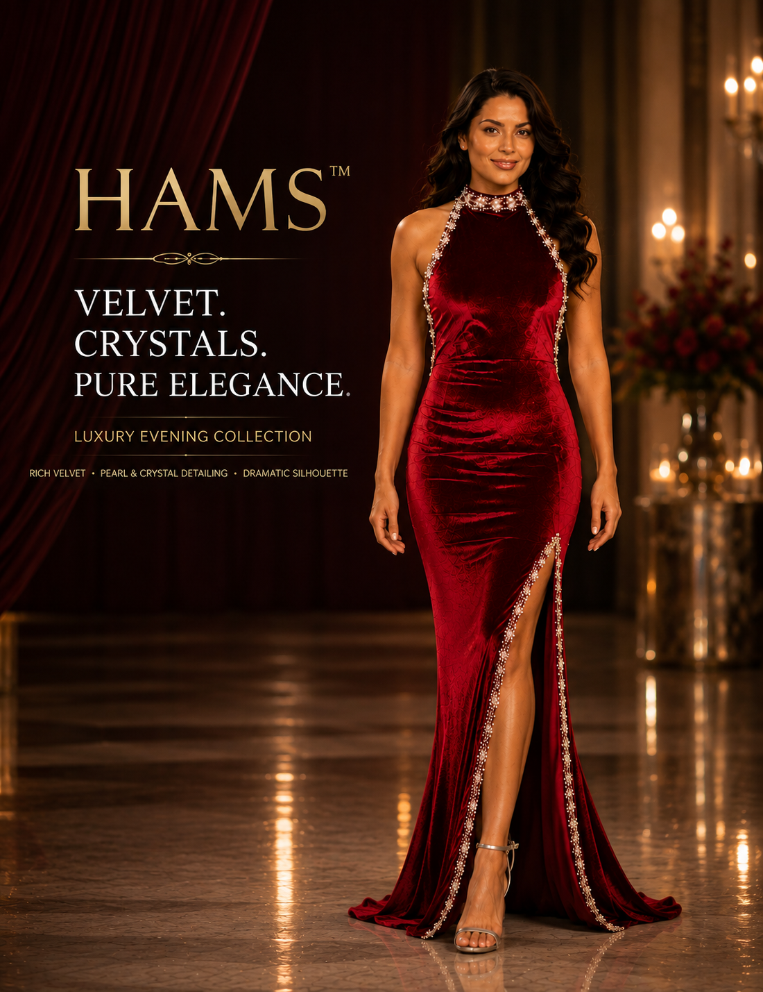 Luxury Velvet Evening Gown for Women, Deep Red Velvet Halter Neck Floor-Length Formal Dress with Pearl & Crystal Embellished Trim and High Side Slit