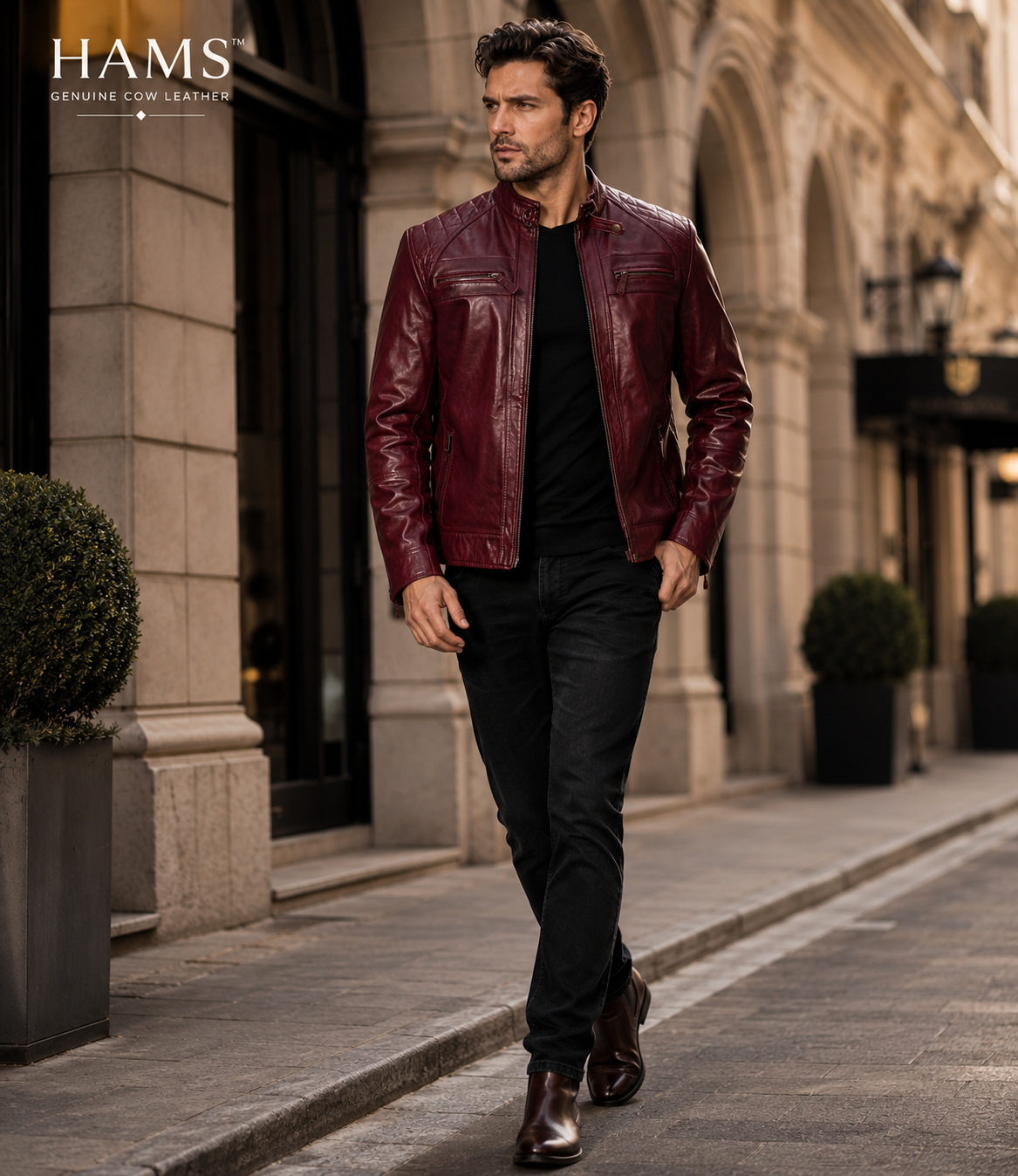 HAMS Men's Genuine Cow Leather Motorcycle Jacket – Premium Burgundy Cafe Racer Leather Jacket with Quilted Shoulders & Stand Collar