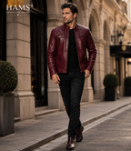 Men’s Burgundy Genuine Cow Leather Café Racer Motorcycle Jacket