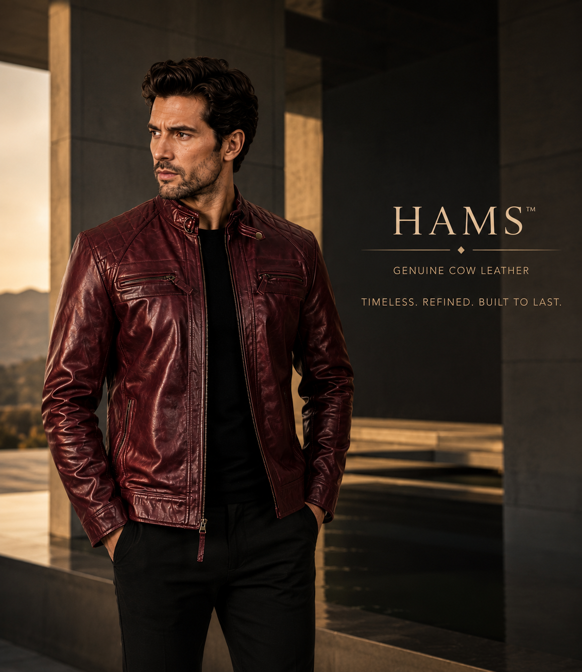 HAMS Men's Genuine Cow Leather Motorcycle Jacket – Premium Burgundy Cafe Racer Leather Jacket with Quilted Shoulders & Stand Collar