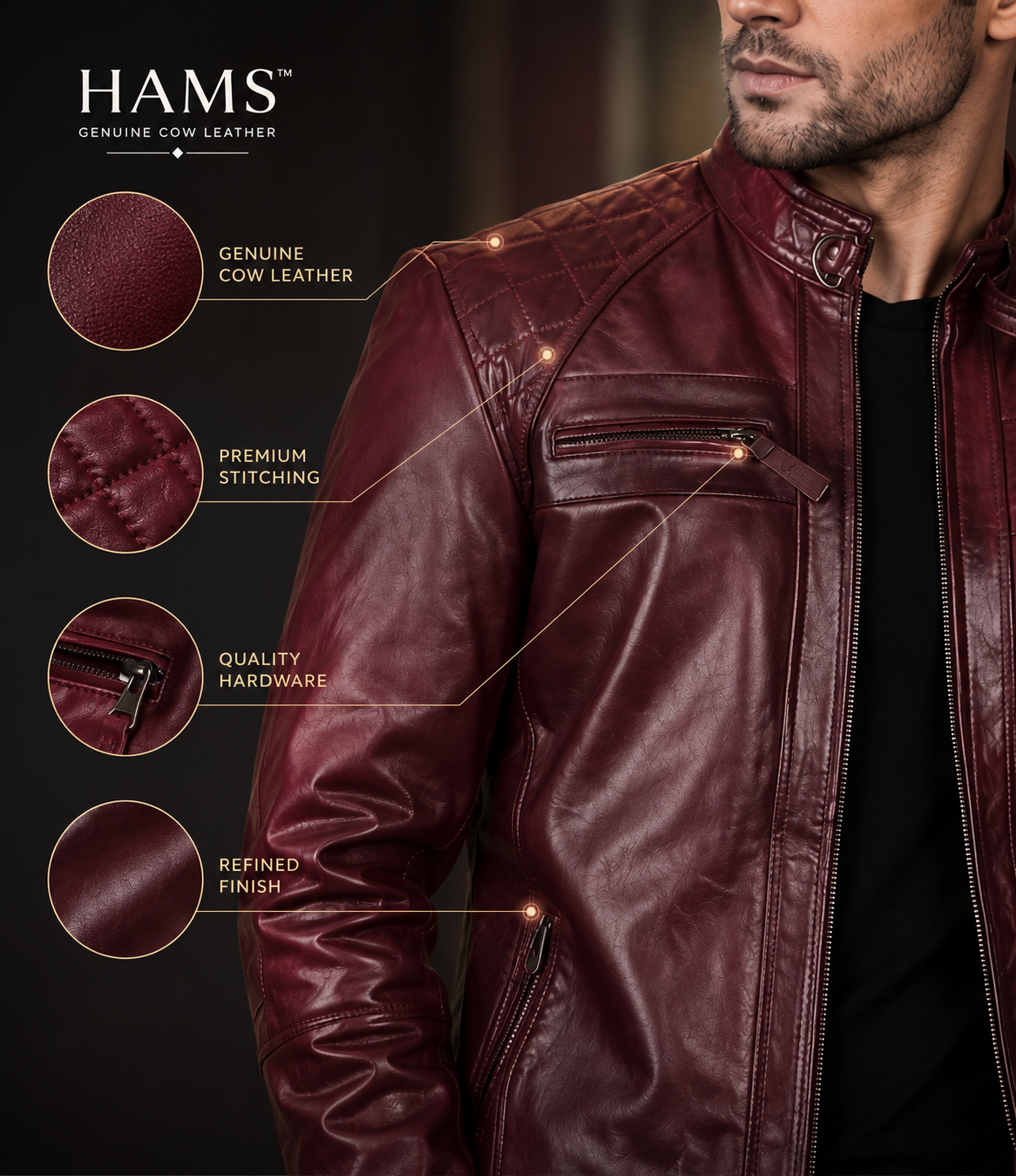 HAMS Men's Genuine Cow Leather Motorcycle Jacket – Premium Burgundy Cafe Racer Leather Jacket with Quilted Shoulders & Stand Collar