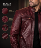 Men’s Burgundy Genuine Cow Leather Café Racer Motorcycle Jacket