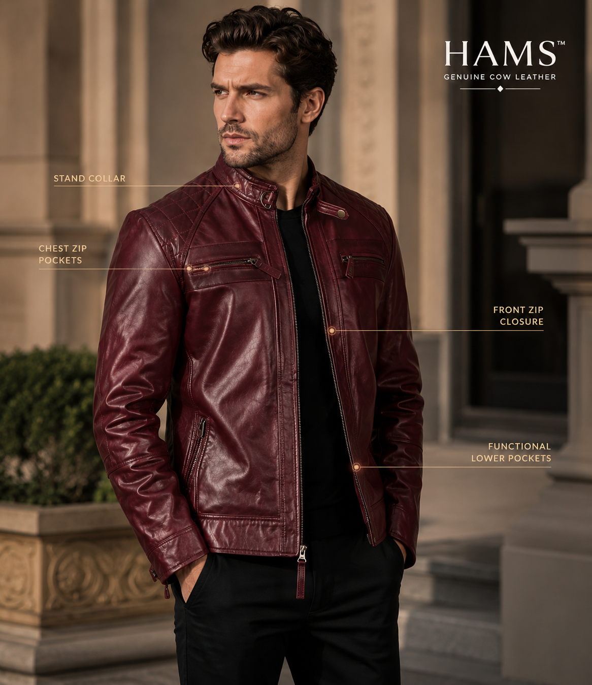 HAMS Men's Genuine Cow Leather Motorcycle Jacket – Premium Burgundy Cafe Racer Leather Jacket with Quilted Shoulders & Stand Collar