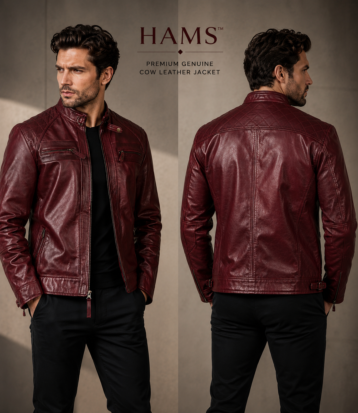 HAMS Men's Genuine Cow Leather Motorcycle Jacket – Premium Burgundy Cafe Racer Leather Jacket with Quilted Shoulders & Stand Collar