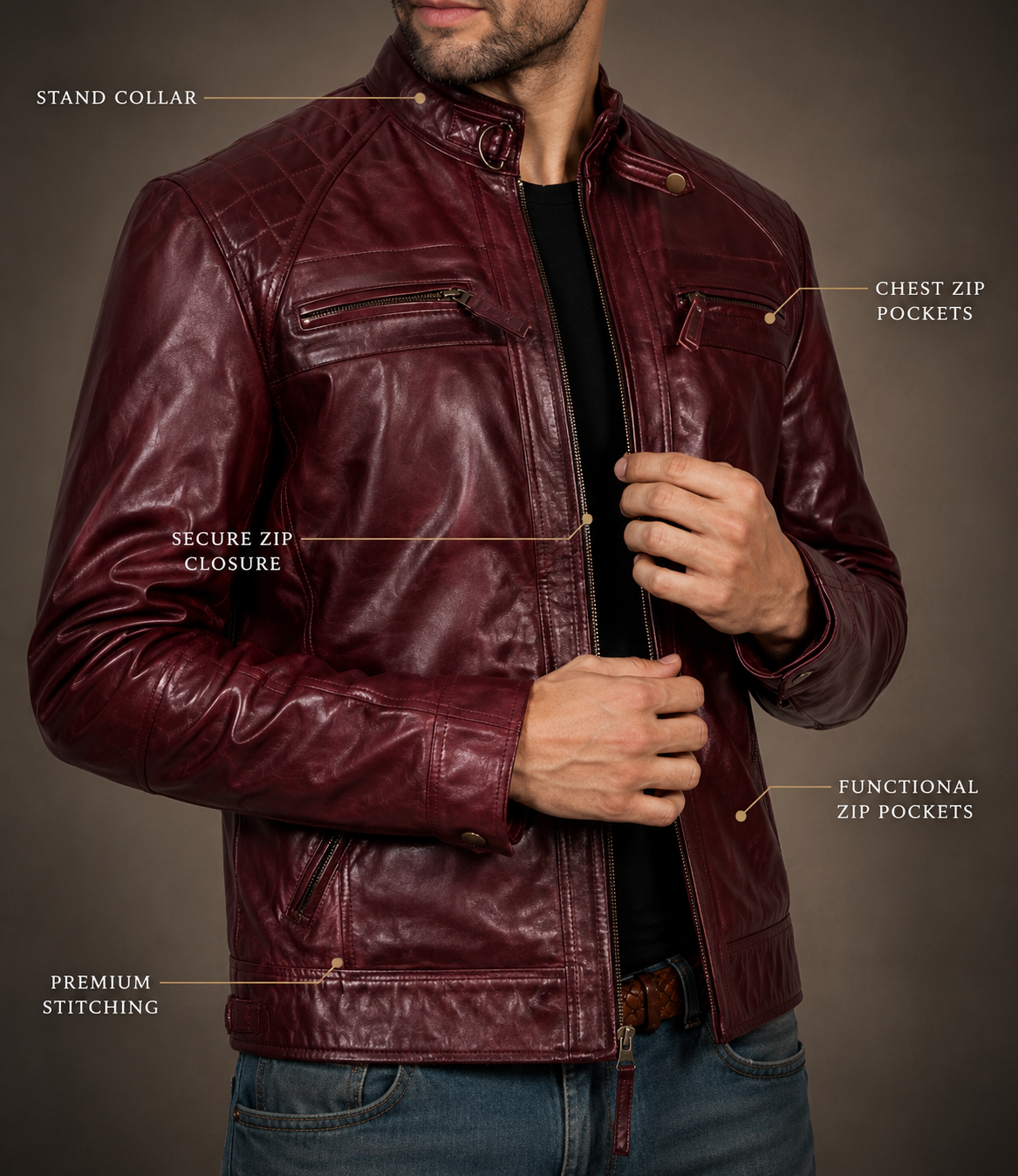 HAMS Men's Genuine Cow Leather Motorcycle Jacket – Premium Burgundy Cafe Racer Leather Jacket with Quilted Shoulders & Stand Collar