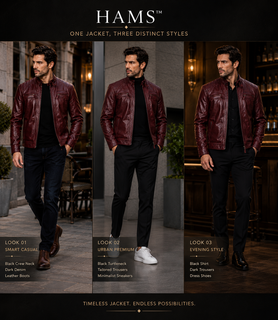 HAMS Men's Genuine Cow Leather Motorcycle Jacket – Premium Burgundy Cafe Racer Leather Jacket with Quilted Shoulders & Stand Collar