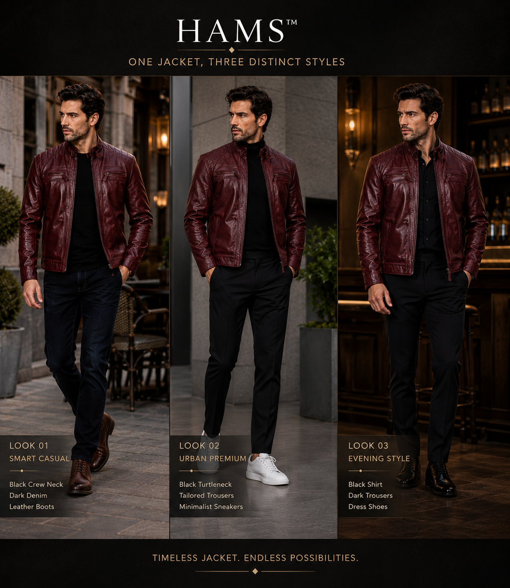 Men’s Burgundy Genuine Cow Leather Café Racer Motorcycle Jacket