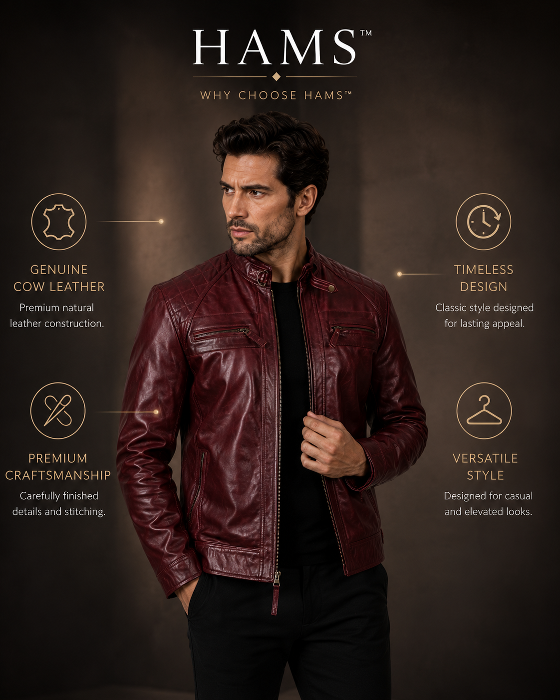 HAMS Men's Genuine Cow Leather Motorcycle Jacket – Premium Burgundy Cafe Racer Leather Jacket with Quilted Shoulders & Stand Collar