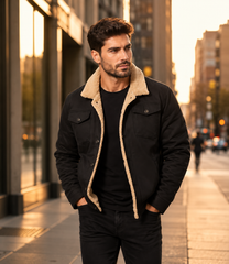 HAMS™ Men's Genuine Cowhide Leather Sherpa Jacket, Black Winter Trucker Jacket with Warm Lining