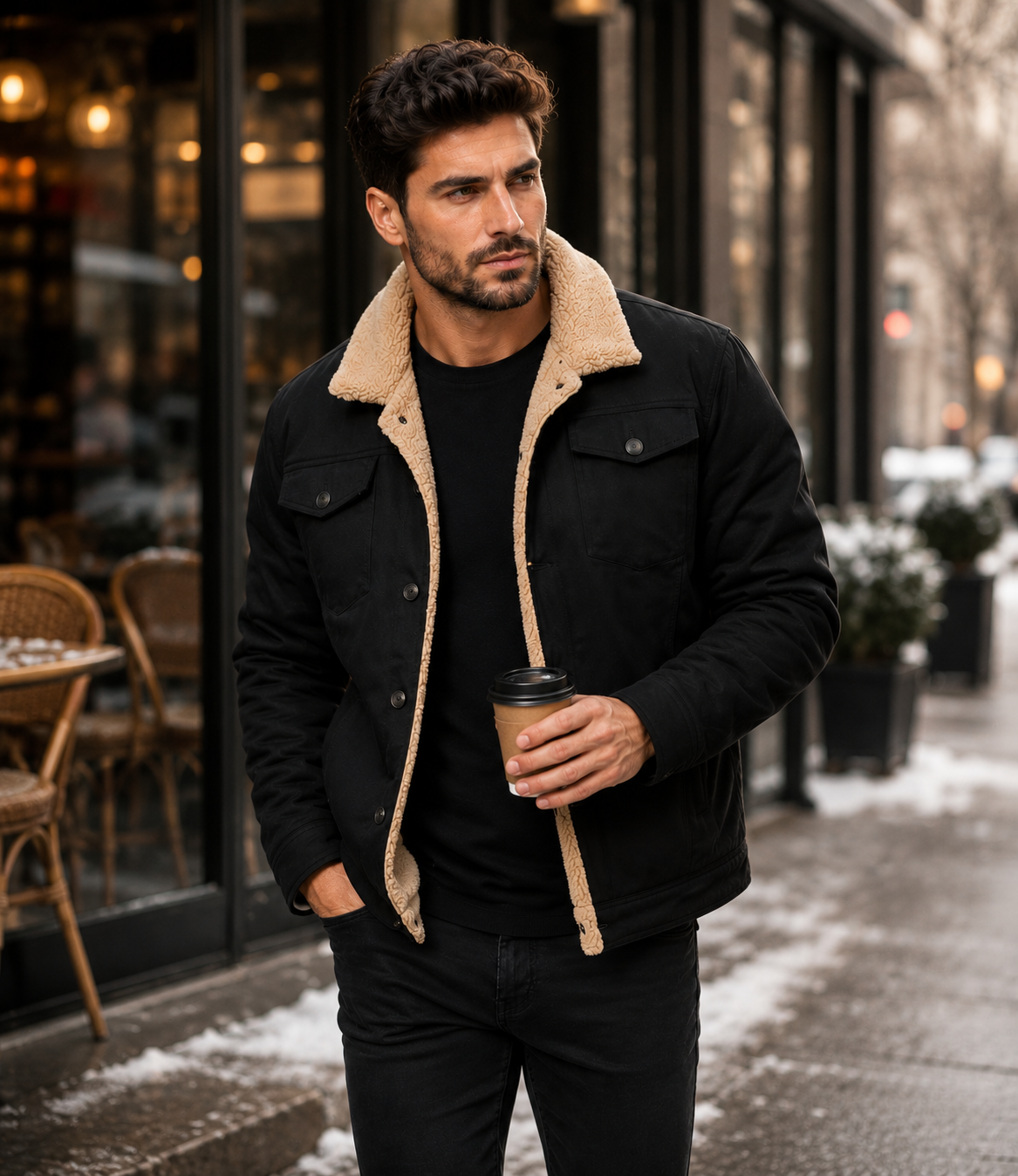 HAMS™ Men's Genuine Cowhide Leather Sherpa Jacket, Black Winter Trucker Jacket with Warm Lining