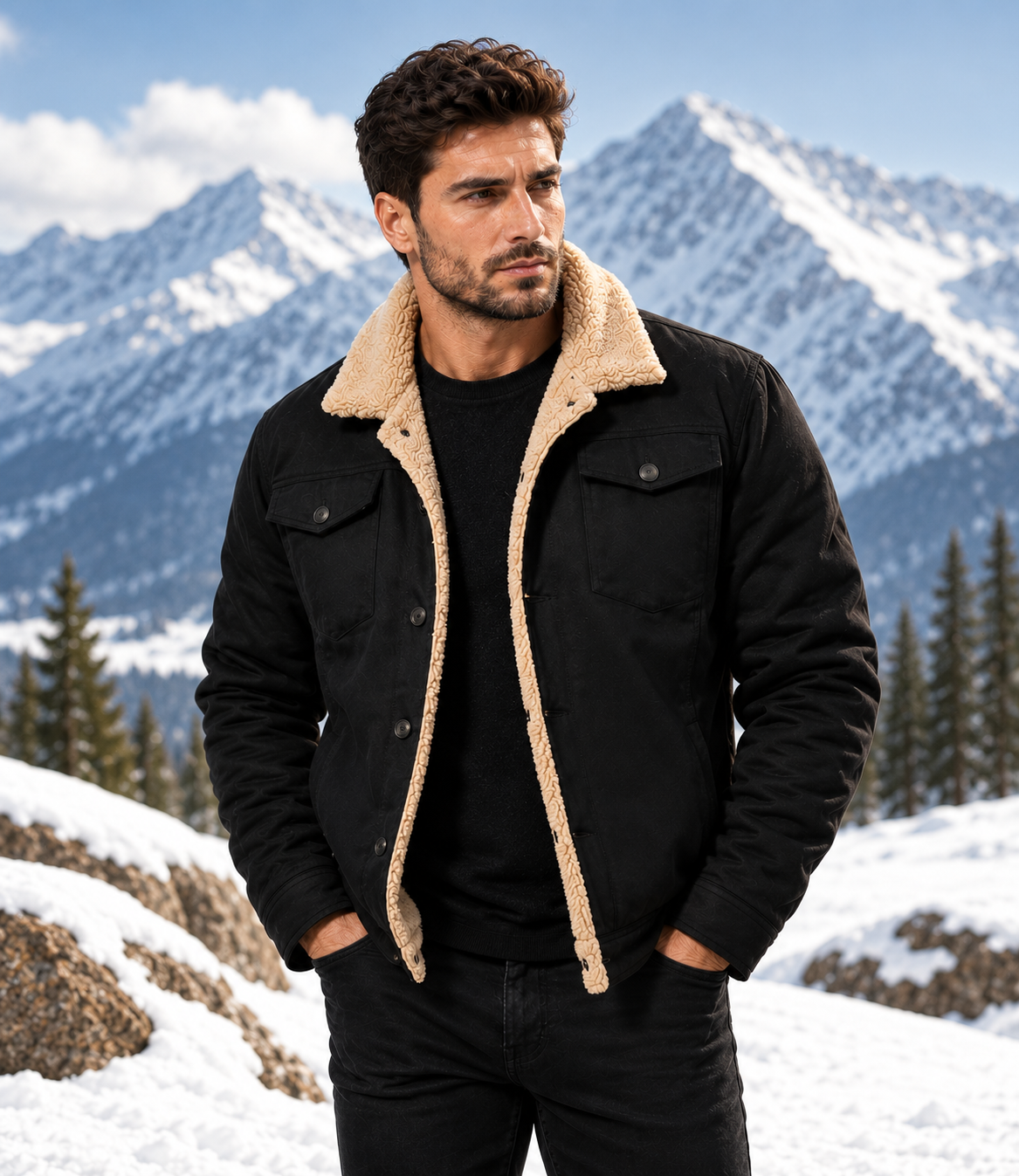 HAMS™ Men's Genuine Cowhide Leather Sherpa Jacket, Black Winter Trucker Jacket with Warm Lining