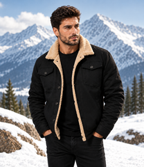 HAMS™ Men's Genuine Cowhide Leather Sherpa Jacket, Black Winter Trucker Jacket with Warm Lining