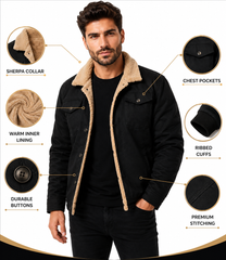 HAMS™ Men's Genuine Cowhide Leather Sherpa Jacket, Black Winter Trucker Jacket with Warm Lining