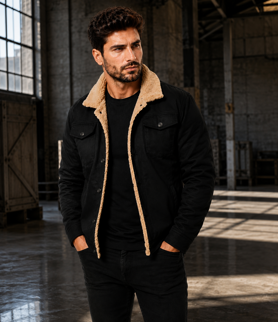 HAMS™ Men's Genuine Cowhide Leather Sherpa Jacket, Black Winter Trucker Jacket with Warm Lining
