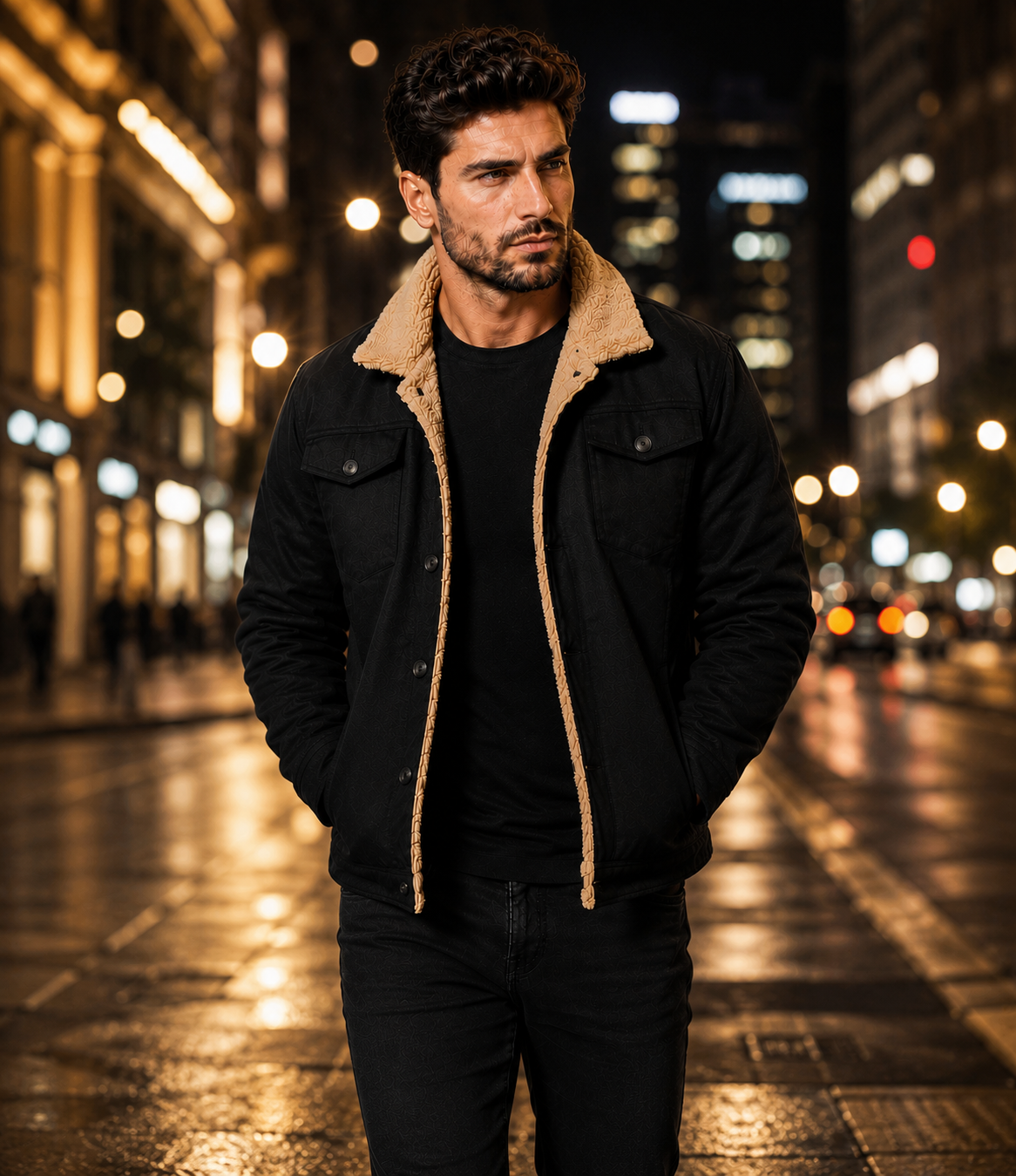 HAMS™ Men's Genuine Cowhide Leather Sherpa Jacket, Black Winter Trucker Jacket with Warm Lining