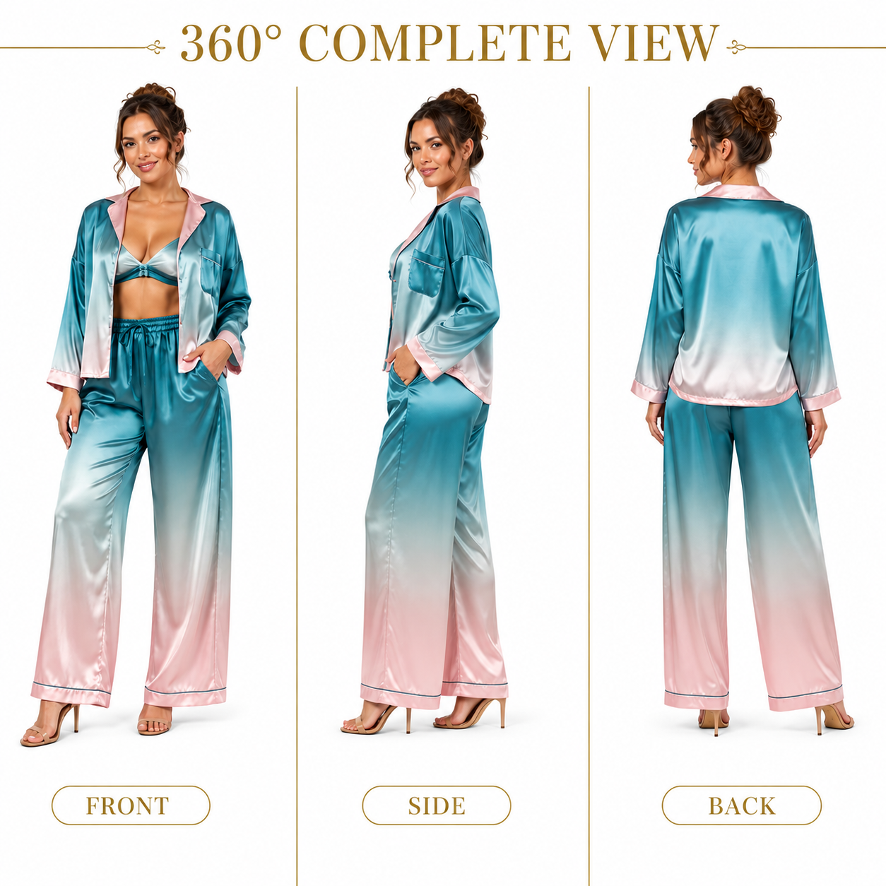 HAMS Satin Pajama Set for Women – 3 Pieces, Ocean Blue and Pink | Long Sleeve Cardigan, Wide-Leg Pants, Elastic Waist, Side Slit, Suitable for All Seasons.