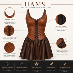 HAMS Women's Genuine Cow Leather Corset Mini Dress – Sleeveless Lace-Up Fit & Flare Leather Party Dress