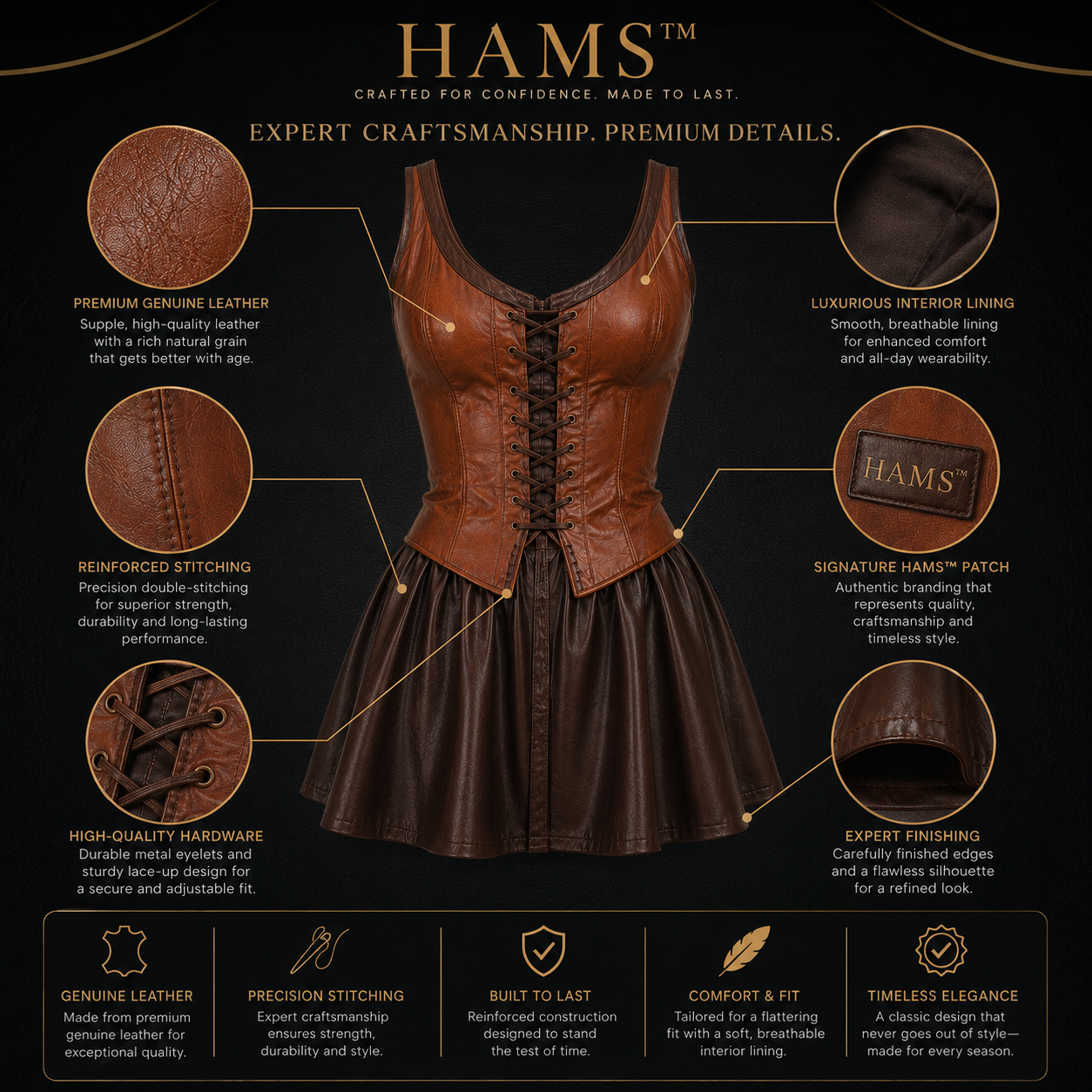 HAMS Women's Genuine Cow Leather Corset Mini Dress – Sleeveless Lace-Up Fit & Flare Leather Party Dress