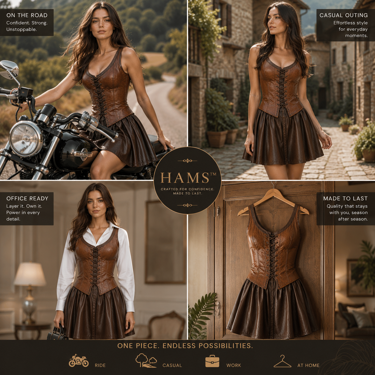 HAMS Women's Genuine Cow Leather Corset Mini Dress – Sleeveless Lace-Up Fit & Flare Leather Party Dress