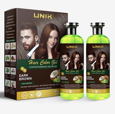 UNIK hair color gel packaging with a man and woman on the box, and two bottles displayed.