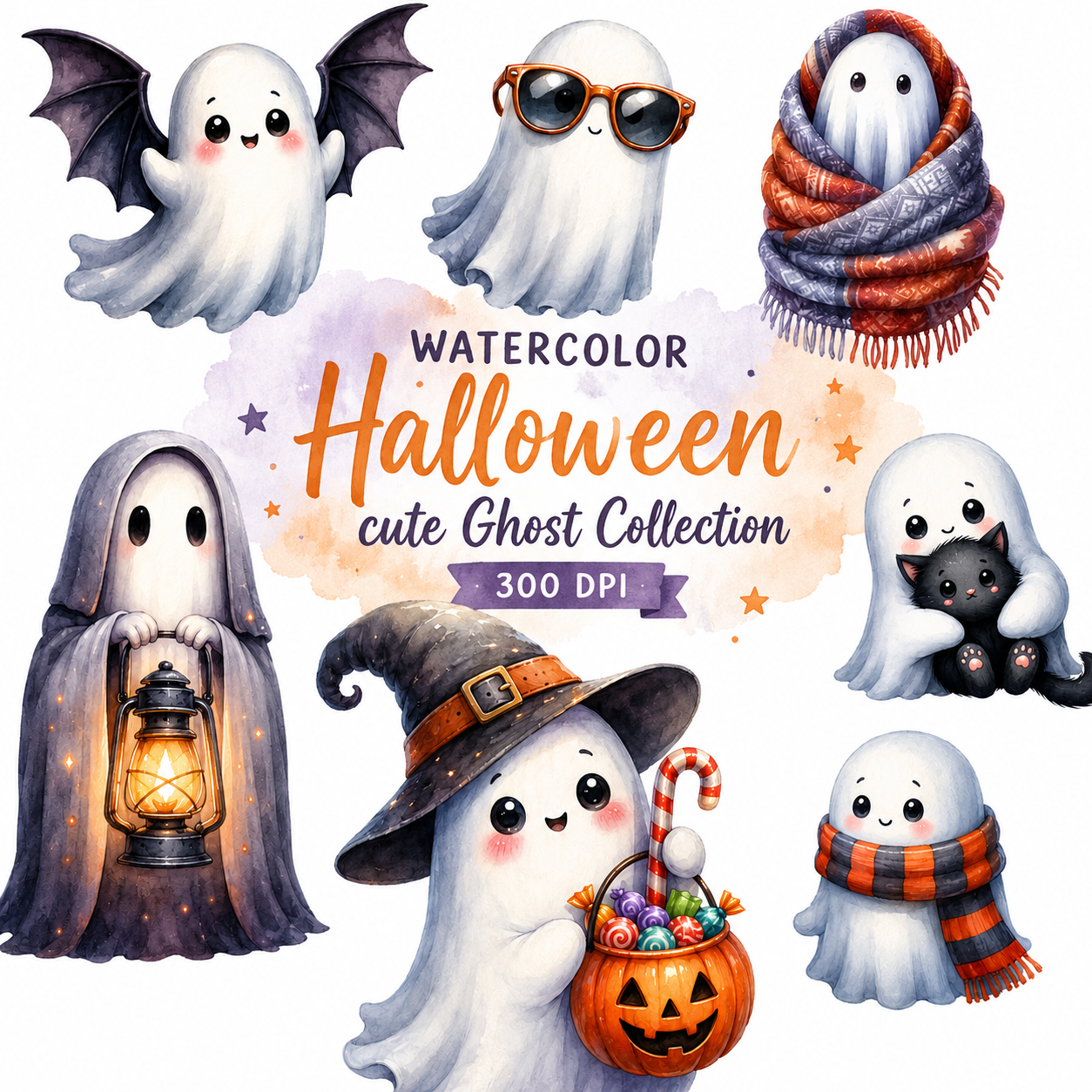 Watercolor Halloween Ghost Clipart Bundle | Cute Kawaii Ghost PNG | Transparent Halloween Clip Art | 300 DPI Digital Download