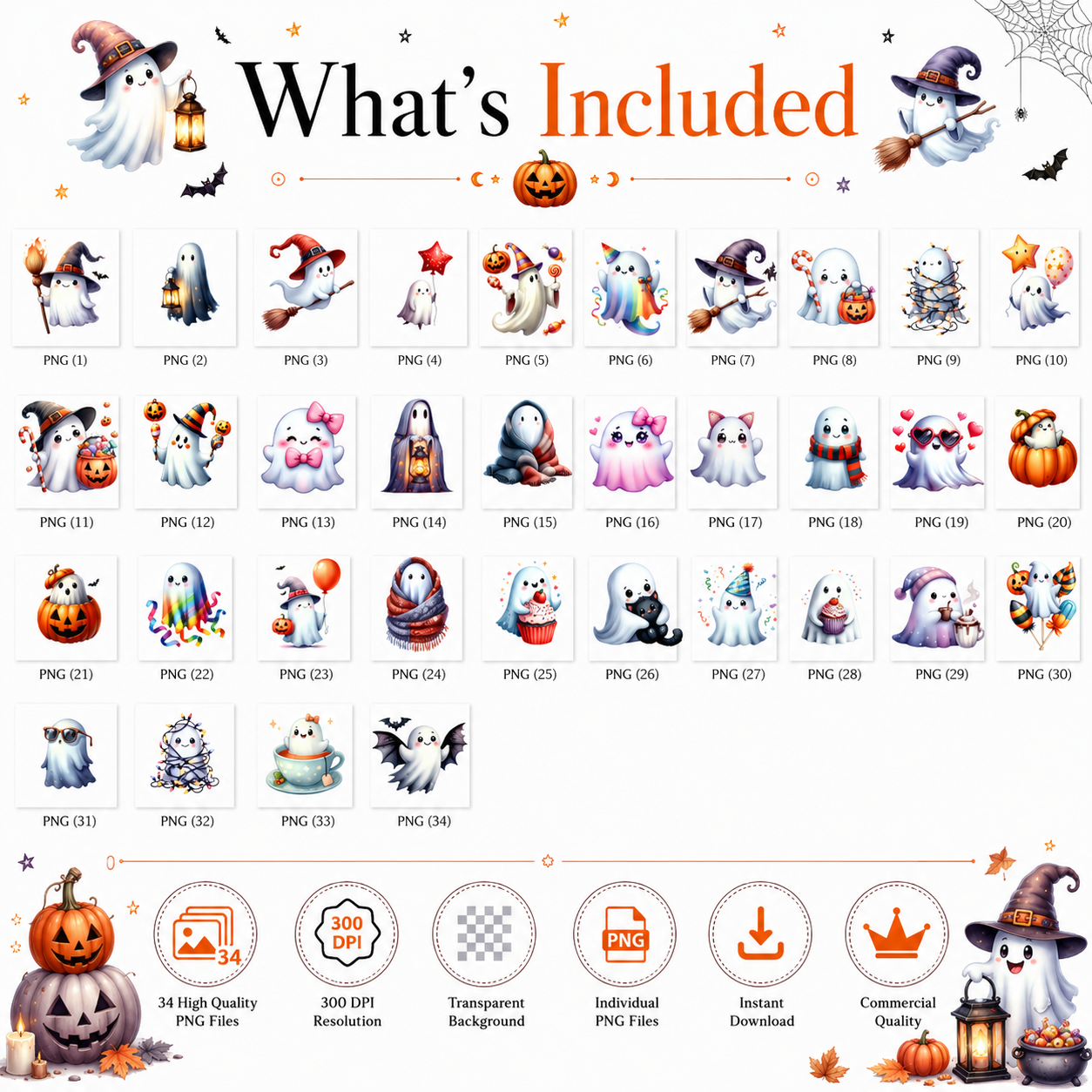 Watercolor Halloween Ghost Clipart Bundle | Cute Kawaii Ghost PNG | Transparent Halloween Clip Art | 300 DPI Digital Download