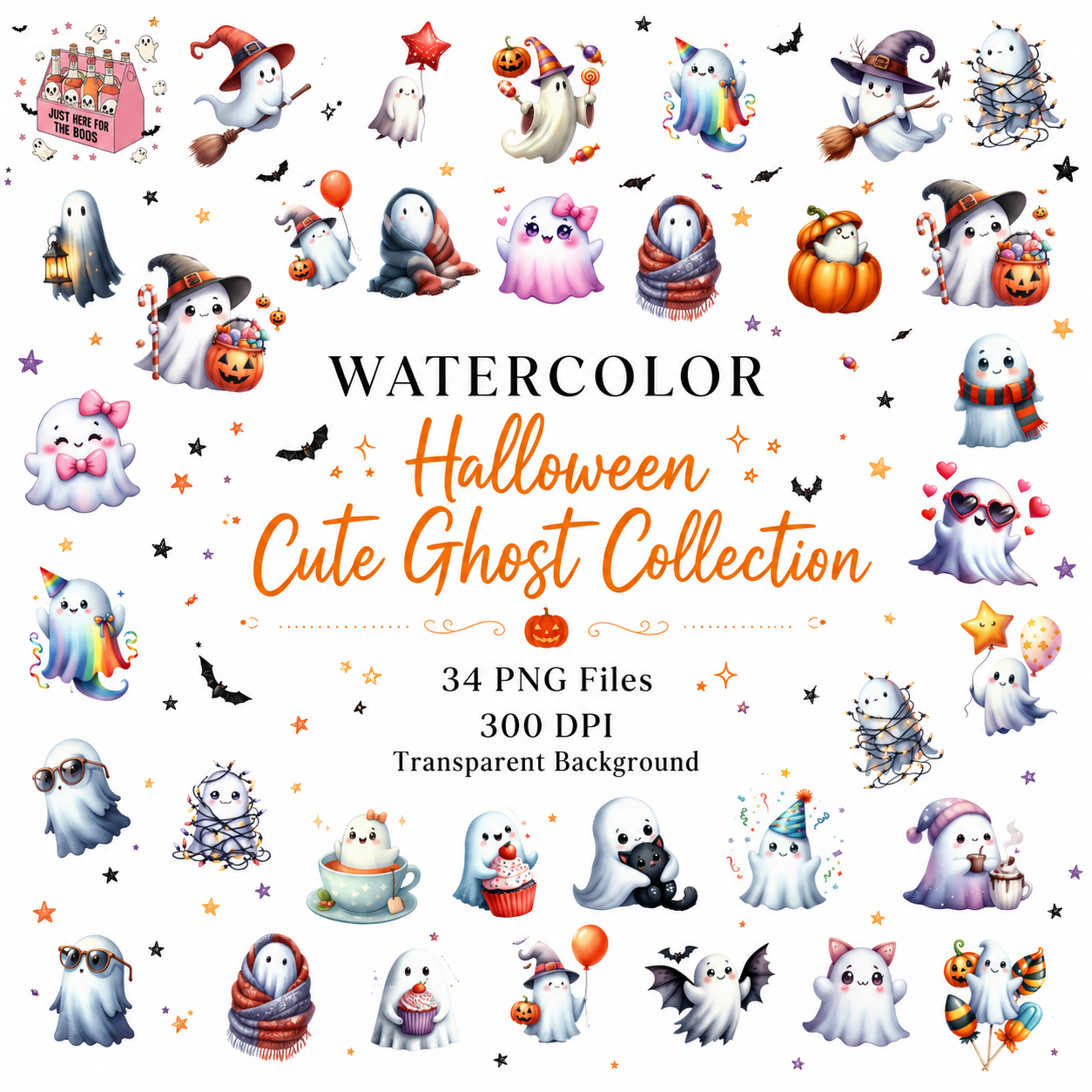 Watercolor Halloween Ghost Clipart Bundle | Cute Kawaii Ghost PNG | Transparent Halloween Clip Art | 300 DPI Digital Download
