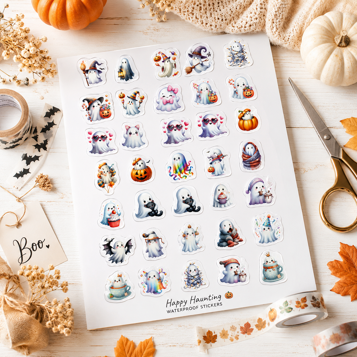Watercolor Halloween Ghost Clipart Bundle | Cute Kawaii Ghost PNG | Transparent Halloween Clip Art | 300 DPI Digital Download