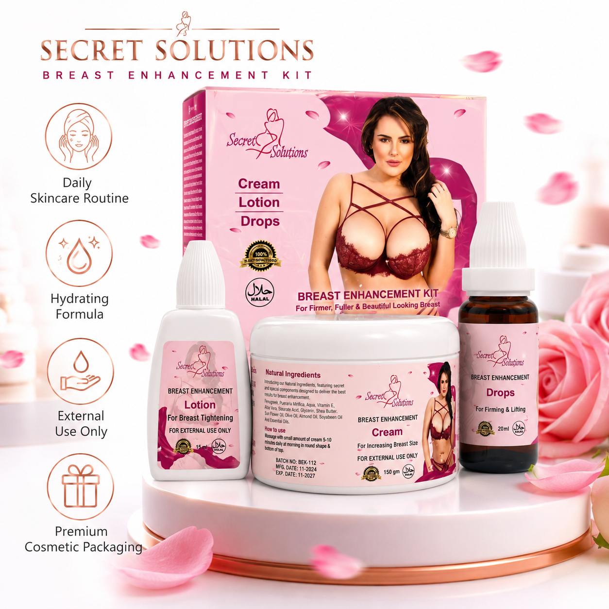 Natural Bust Enhancement & Firming Kit – 3-in-1 Complete Bust Care Formula for Natural-Looking Fullness, Firmer-Looking Skin, Deep Moisturization & Daily Bust Care