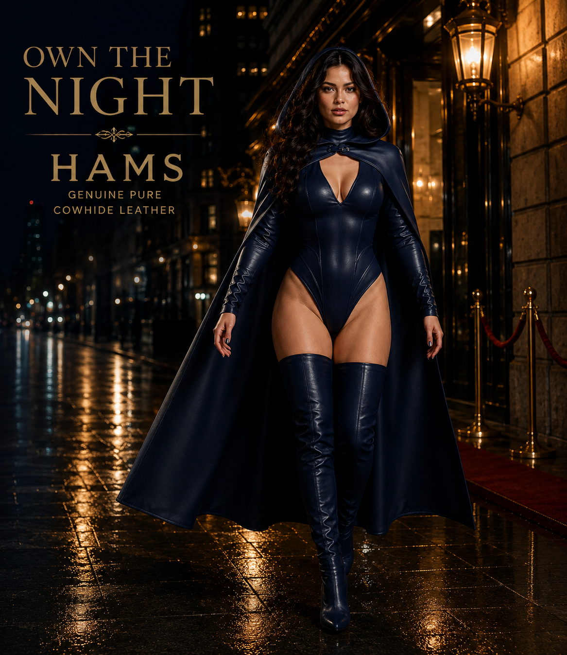 HAMS Women’s Genuine Cowhide Leather Hooded Cape Outfit – Midnight Navy Full-Length Cape with Bodysuit & Thigh-High Boots