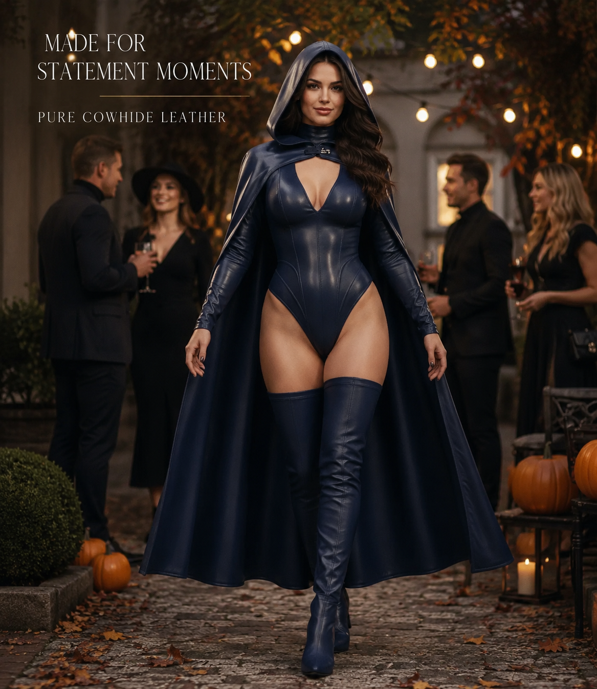 HAMS Women’s Genuine Cowhide Leather Hooded Cape Outfit – Midnight Navy Full-Length Cape with Bodysuit & Thigh-High Boots