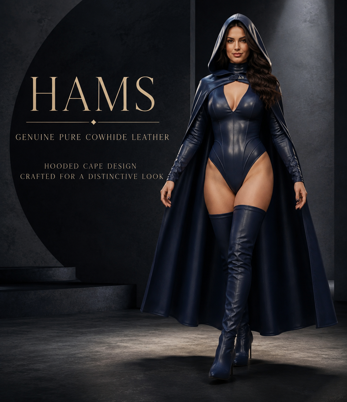 HAMS Women’s Genuine Cowhide Leather Hooded Cape Outfit – Midnight Navy Full-Length Cape with Bodysuit & Thigh-High Boots