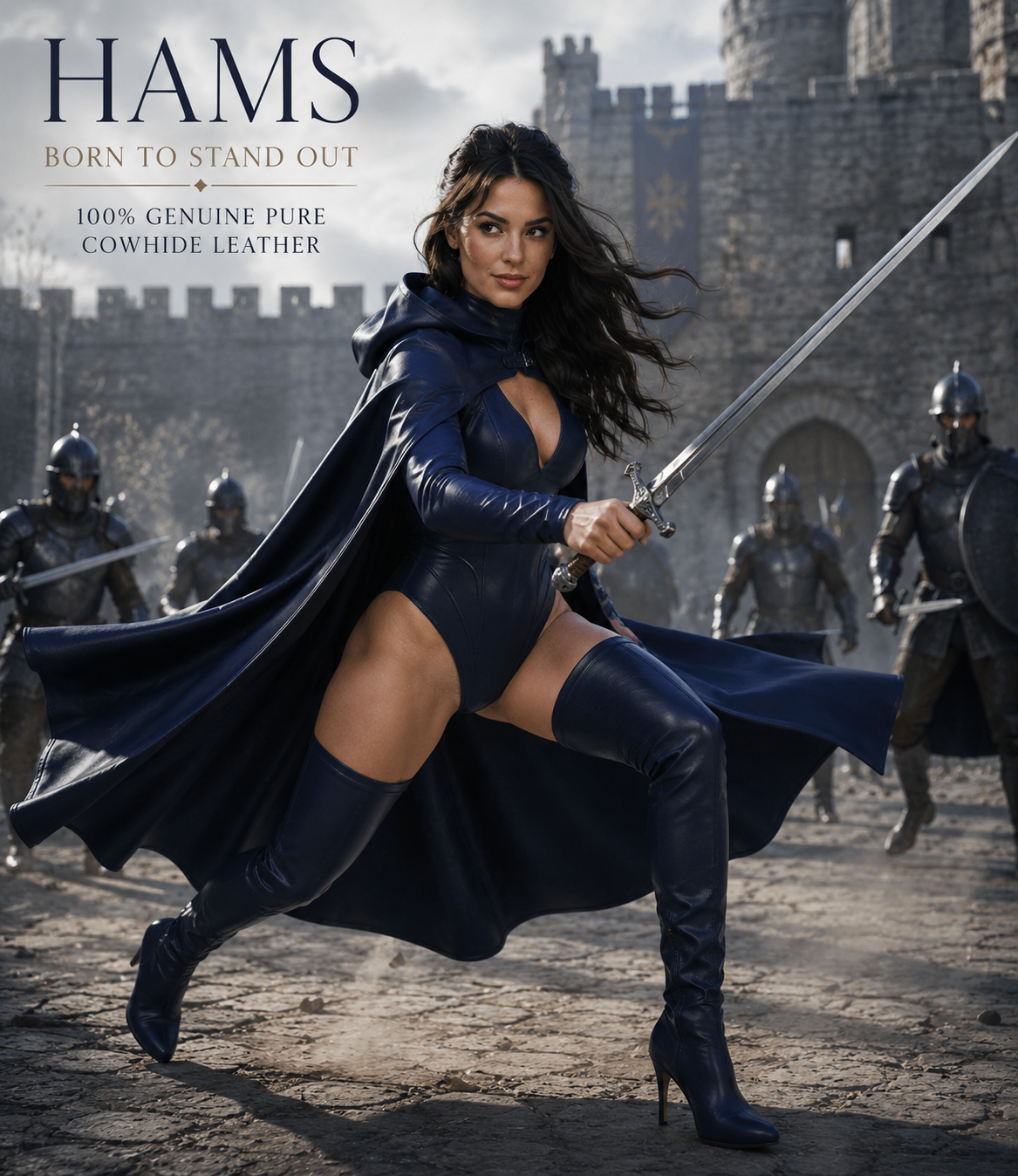 HAMS Women’s Genuine Cowhide Leather Hooded Cape Outfit – Midnight Navy Full-Length Cape with Bodysuit & Thigh-High Boots