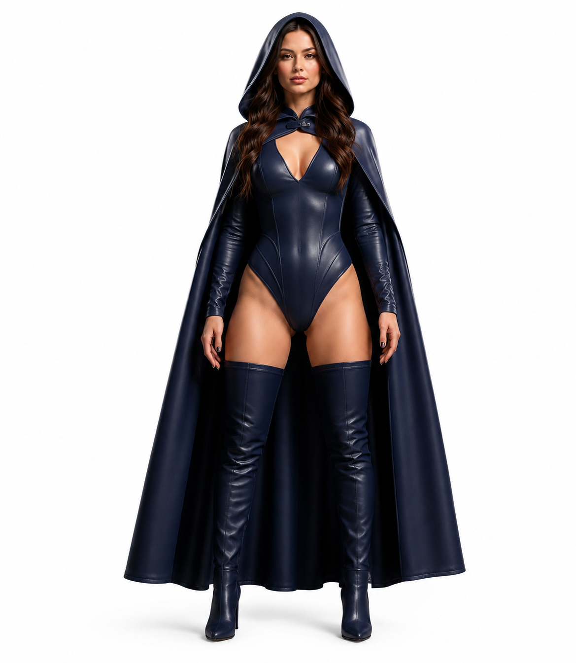 HAMS Women’s Genuine Cowhide Leather Hooded Cape Outfit – Midnight Navy Full-Length Cape with Bodysuit & Thigh-High Boots