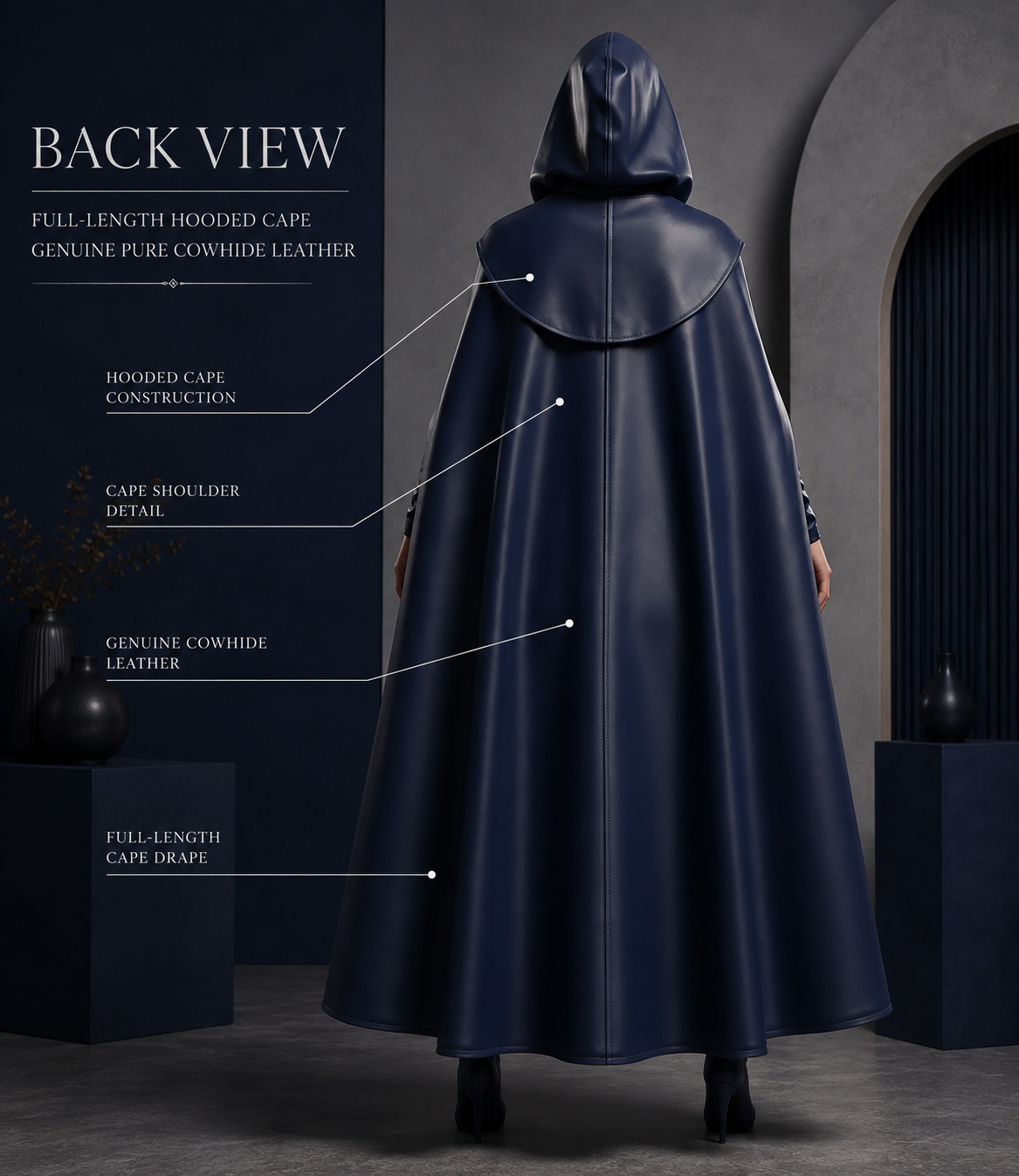 HAMS Women’s Genuine Cowhide Leather Hooded Cape Outfit – Midnight Navy Full-Length Cape with Bodysuit & Thigh-High Boots