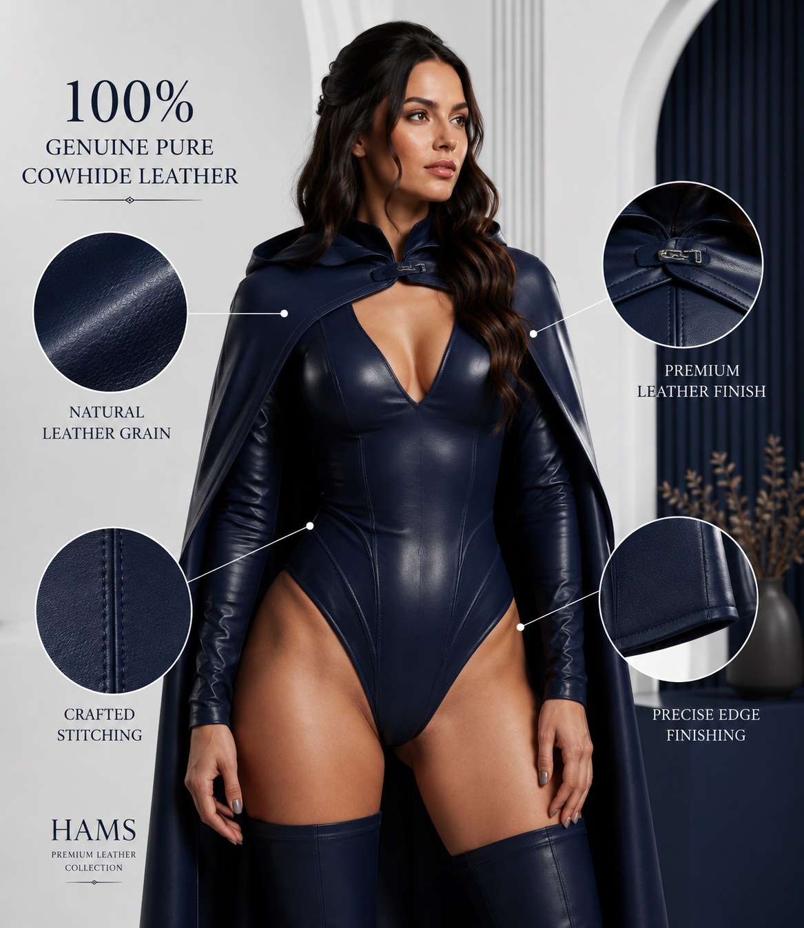 HAMS Women’s Genuine Cowhide Leather Hooded Cape Outfit – Midnight Navy Full-Length Cape with Bodysuit & Thigh-High Boots