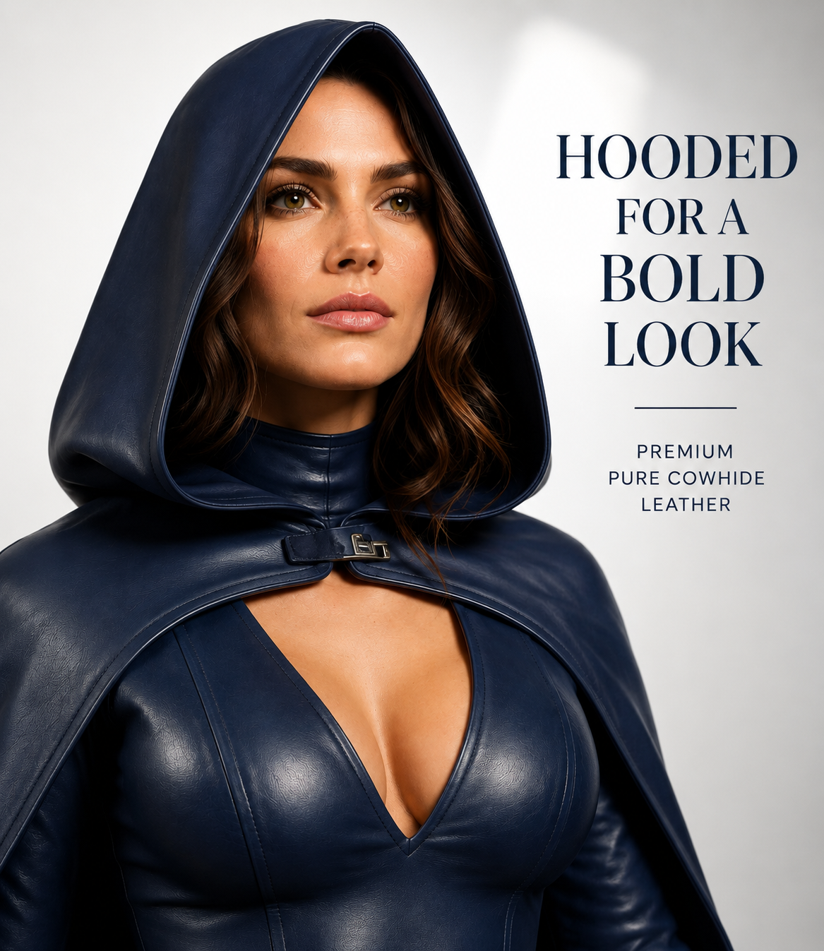 HAMS Women’s Genuine Cowhide Leather Hooded Cape Outfit – Midnight Navy Full-Length Cape with Bodysuit & Thigh-High Boots