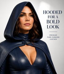 HAMS Women’s Genuine Cowhide Leather Hooded Cape Outfit – Midnight Navy Full-Length Cape with Bodysuit & Thigh-High Boots