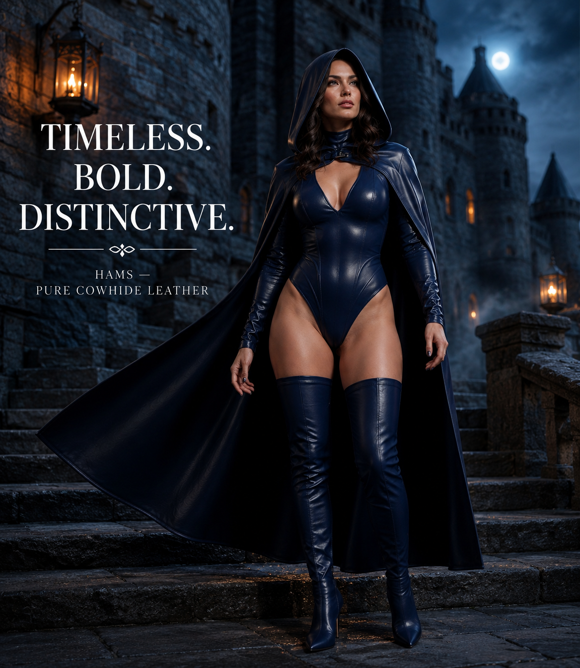 HAMS Women’s Genuine Cowhide Leather Hooded Cape Outfit – Midnight Navy Full-Length Cape with Bodysuit & Thigh-High Boots