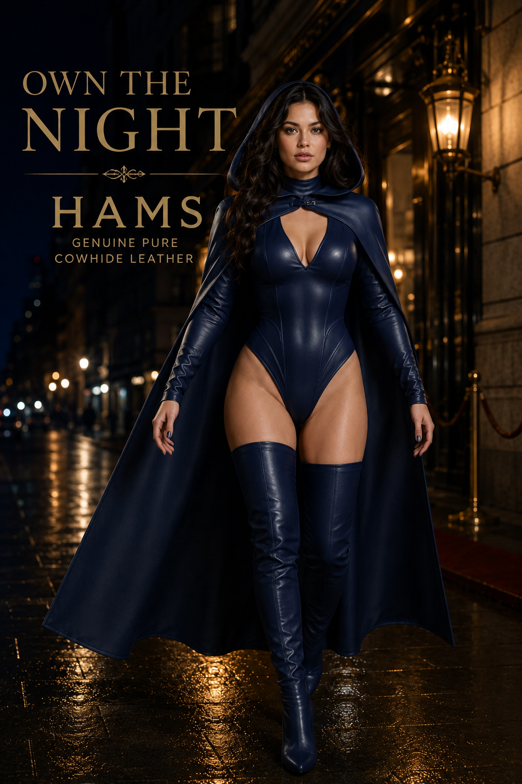 HAMS Women’s Genuine Cowhide Leather Hooded Cape Outfit – Midnight Navy Full-Length Cape with Bodysuit & Thigh-High Boots