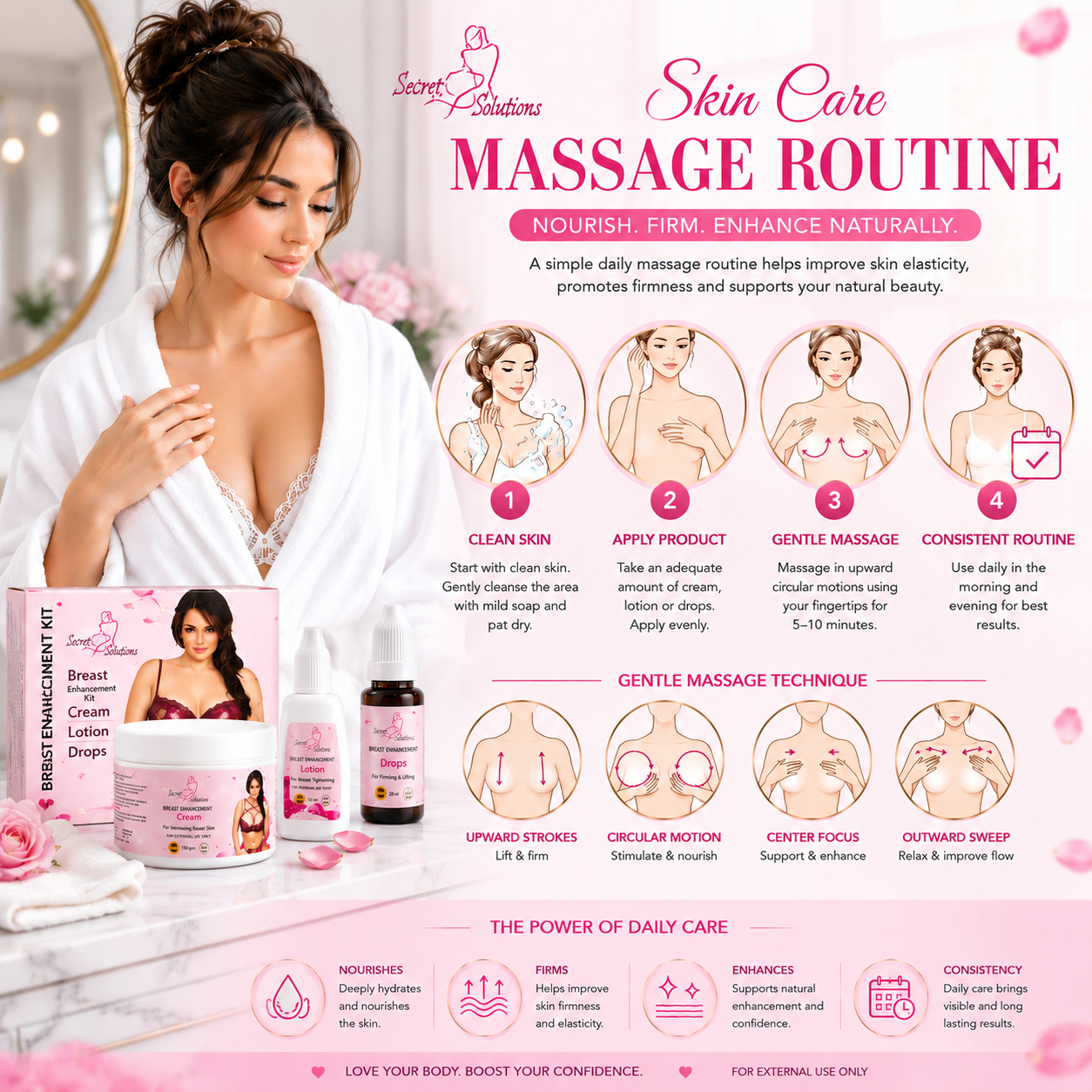 Natural Bust Enhancement & Firming Kit – 3-in-1 Complete Bust Care Formula for Natural-Looking Fullness, Firmer-Looking Skin, Deep Moisturization & Daily Bust Care