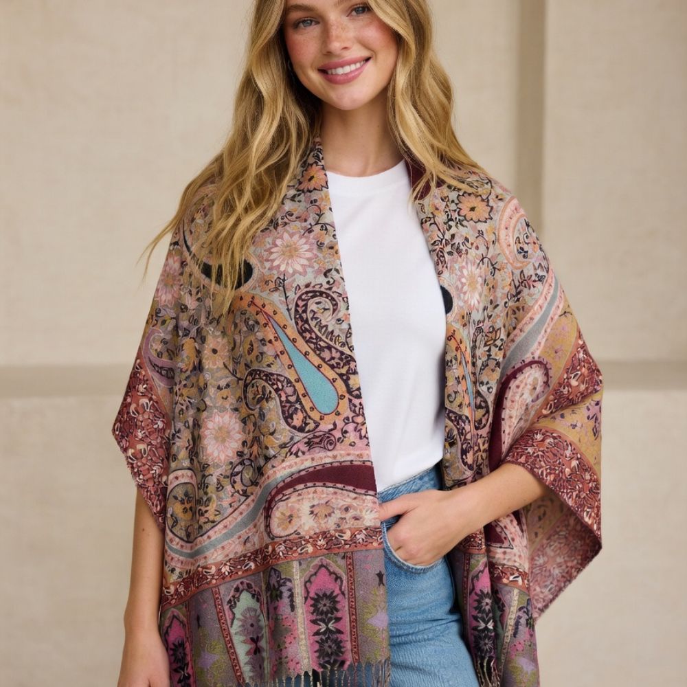 Premium Paisley Wool Shawl for Women – Elegant Printed Winter Wrap with Fringed Edges
