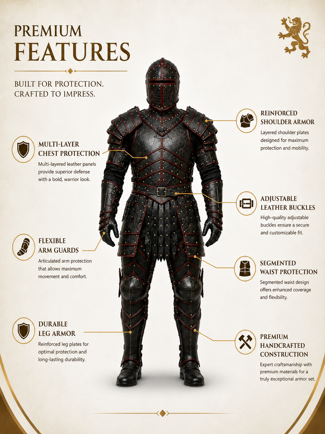 HAMS Medieval Leather Armor Set for Men, Genuine Cow Leather Knight Armor with Helmet, Handmade Adjustable LARP & Cosplay Costume