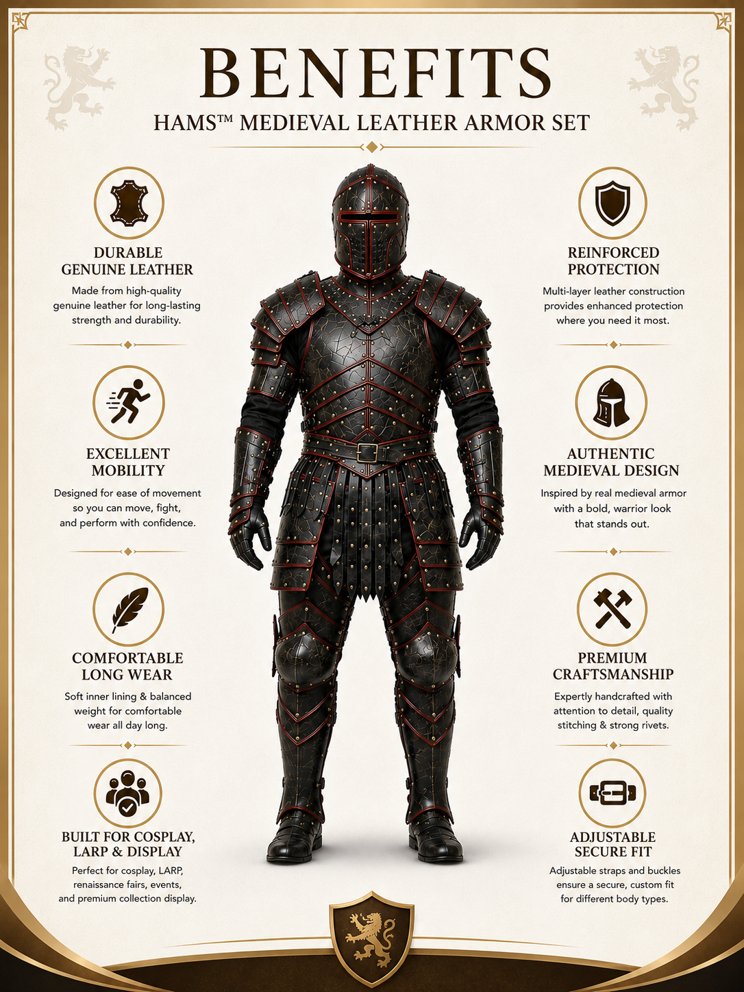 HAMS Medieval Leather Armor Set for Men, Genuine Cow Leather Knight Armor with Helmet, Handmade Adjustable LARP & Cosplay Costume