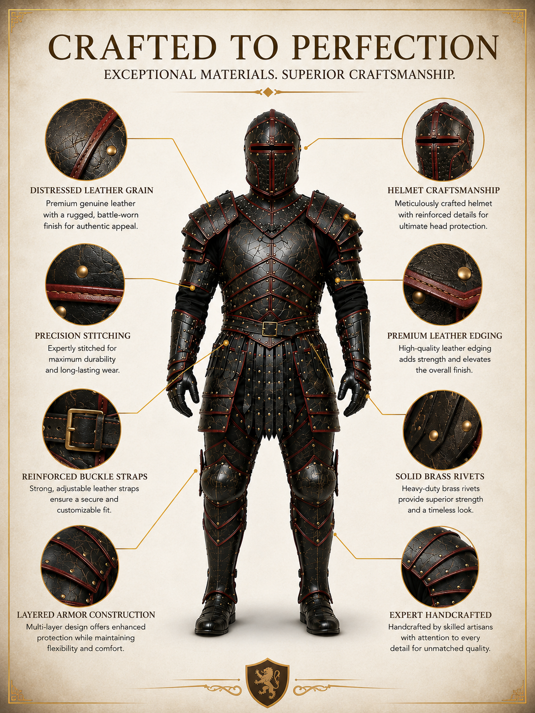 HAMS Medieval Leather Armor Set for Men, Genuine Cow Leather Knight Armor with Helmet, Handmade Adjustable LARP & Cosplay Costume